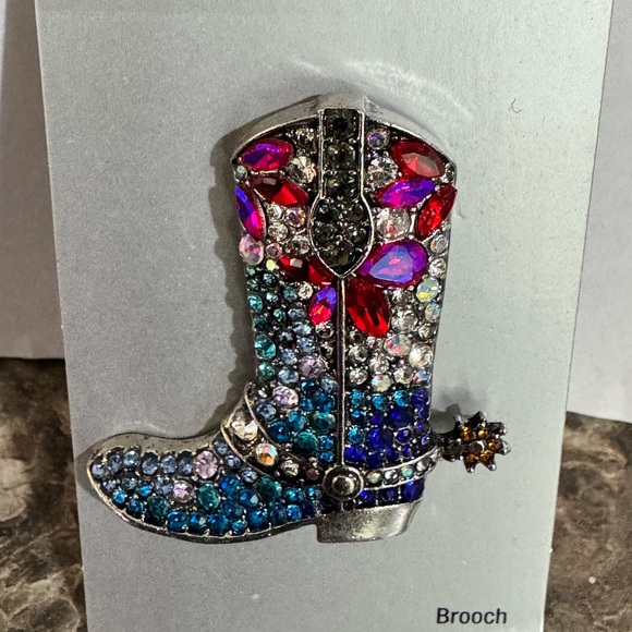 Metal Gallery Silver Tone Cowboy Boot Brooch Pin Colorful Rhinestone Accents New - Picture 2 of 2